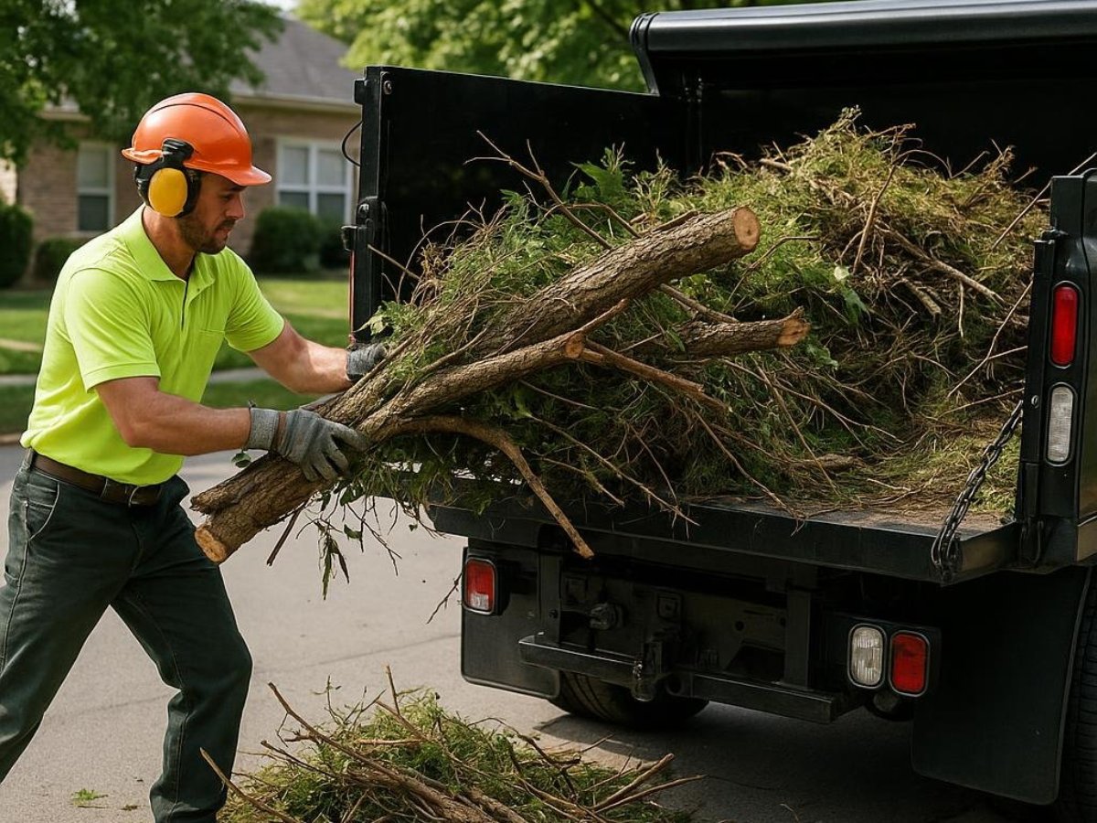 Team efficiently removing junk from a backyard