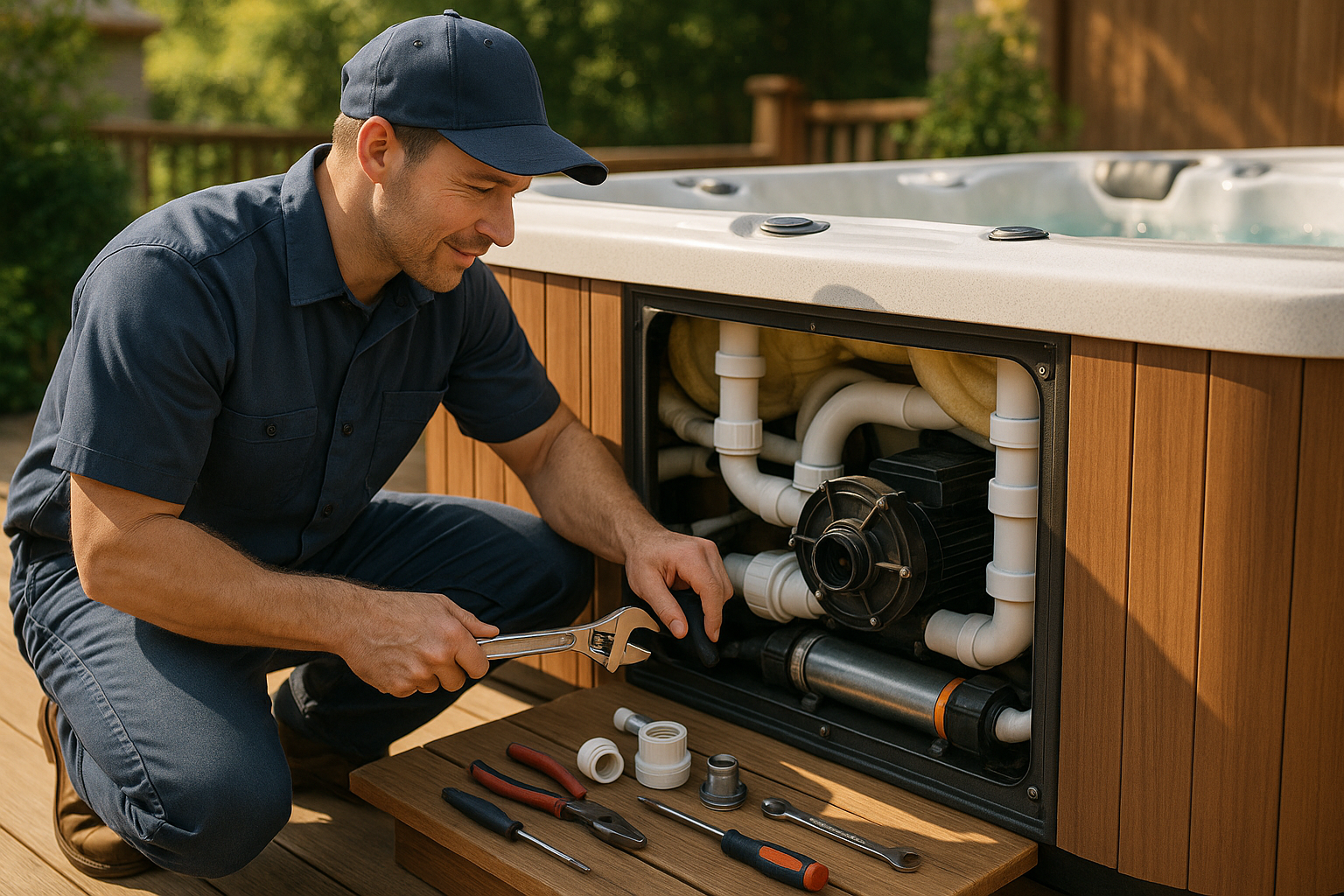 Technician repairing a hot tub with tools