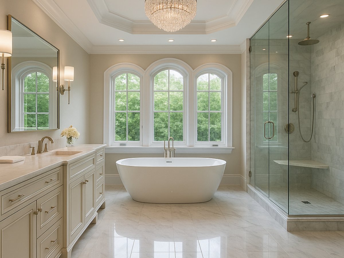 Bright, airy bathroom remodel with elegant fixtures