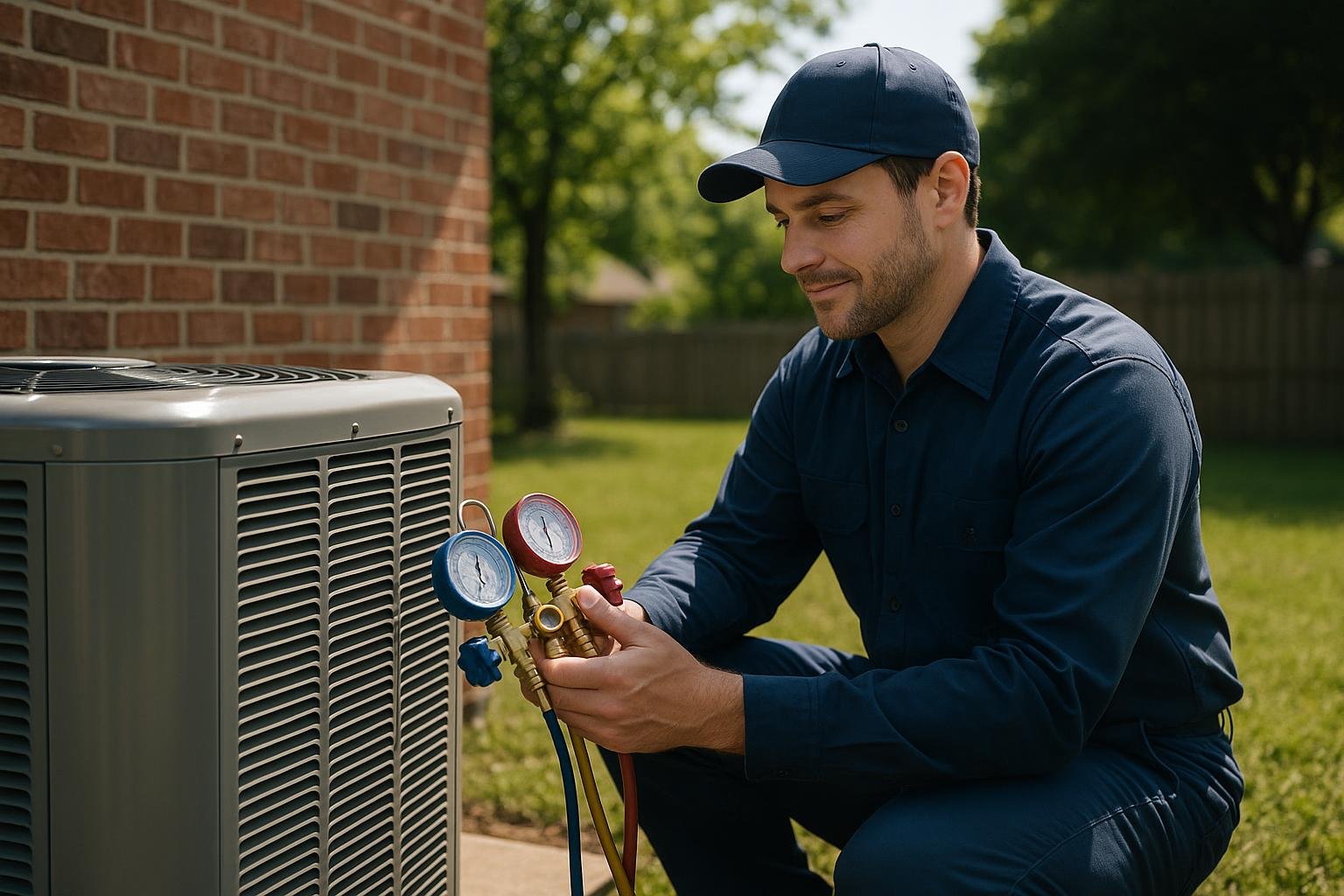 HVAC technician repairing a home air conditioning unit