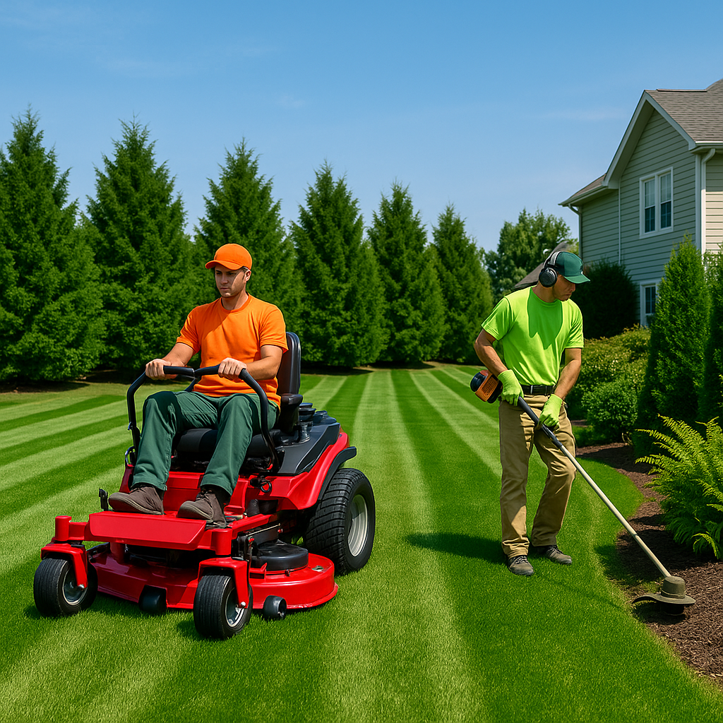 Team member providing detailed lawn care