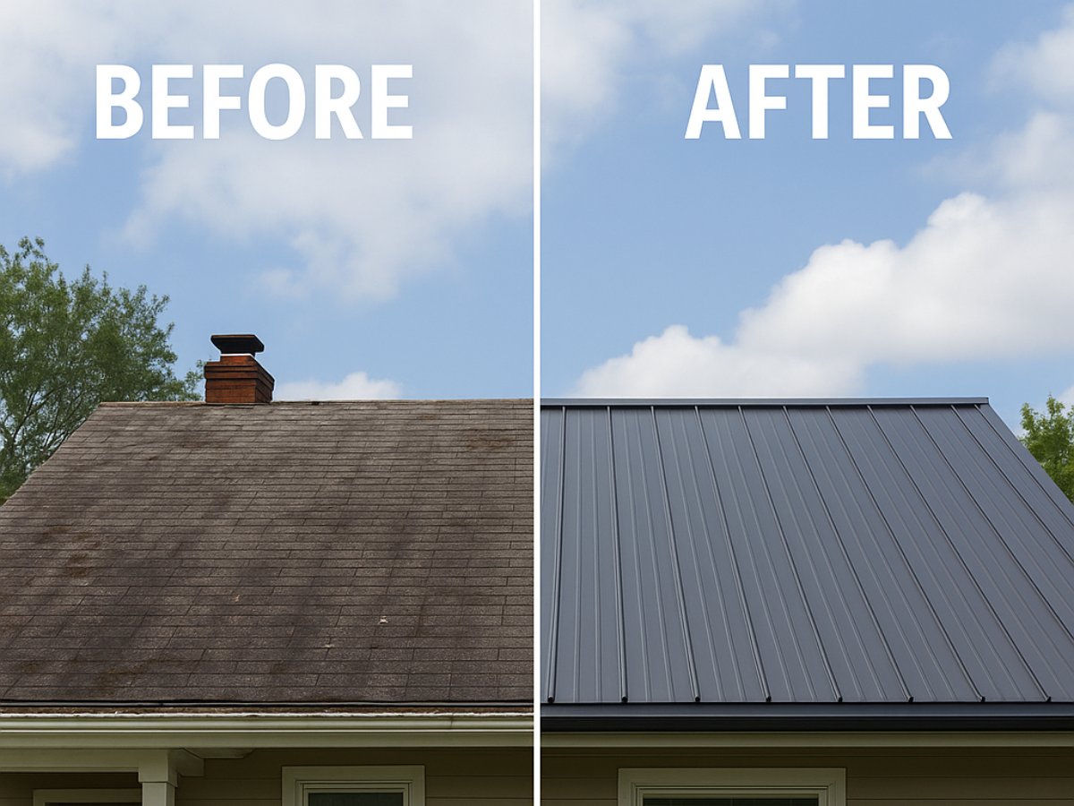 Before and after shot of a roof replacement