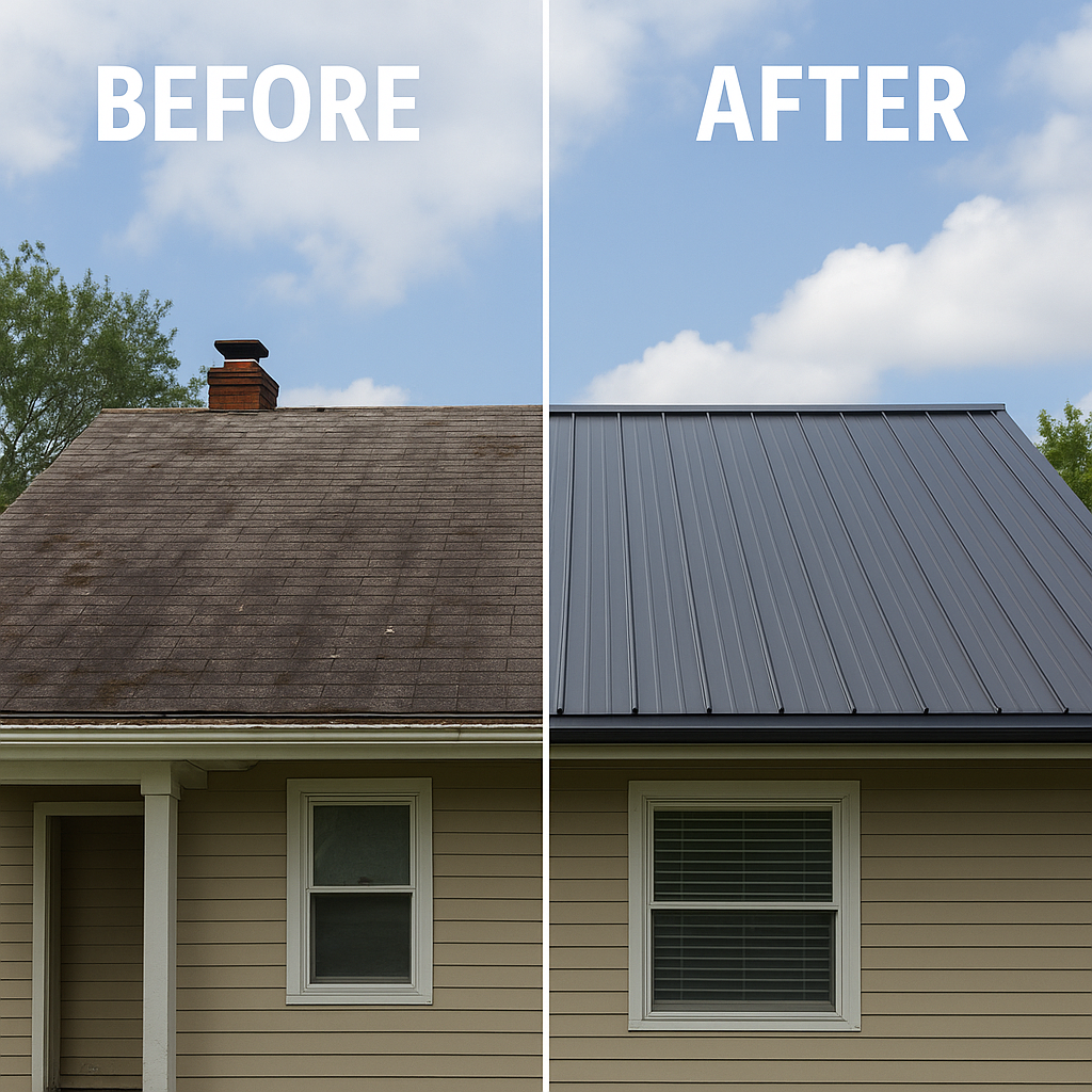 Before and after shot of a roof replacement